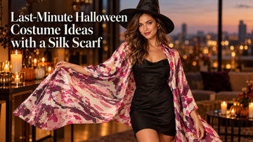 Woman wearing a black dress and witch hat with a pink and plum printed silk scarf at a Halloween gathering.