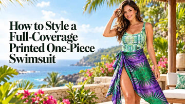 Woman styling a full-coverage printed one-piece swimsuit with a purple and green silk scarf as a beach cover-up in a tropical coastal setting.