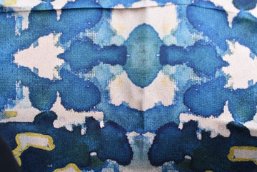 Close-up of a fabric with blue and white abstract pattern