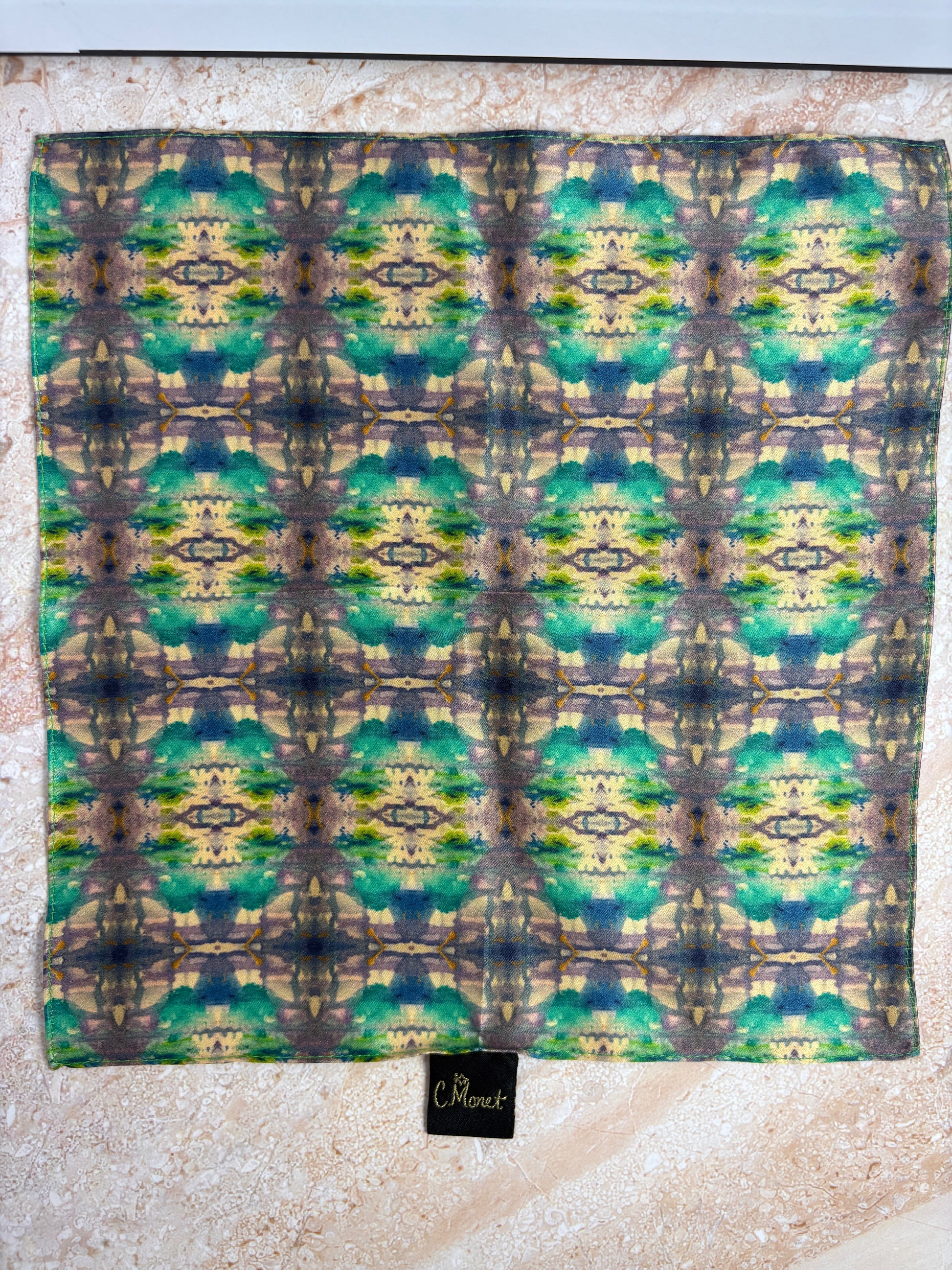 Patterned fabric with a brand label